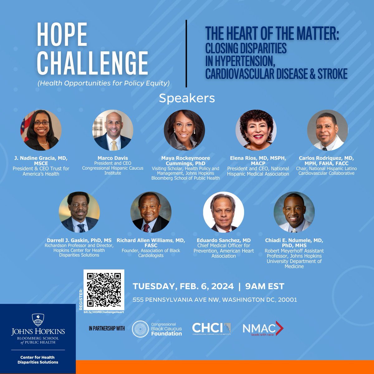 🚨Speakers reveal🚨 We are happy to announce the speakers for our upcoming HOPE Challenge event 'The Heart of the Matter: Closing Disparities in Hypertension, Cardiovascular Disease and Stroke.' Register Here: bit.ly/3Hj97XS @BSPH_HPM @CHCI @NMACCommunity