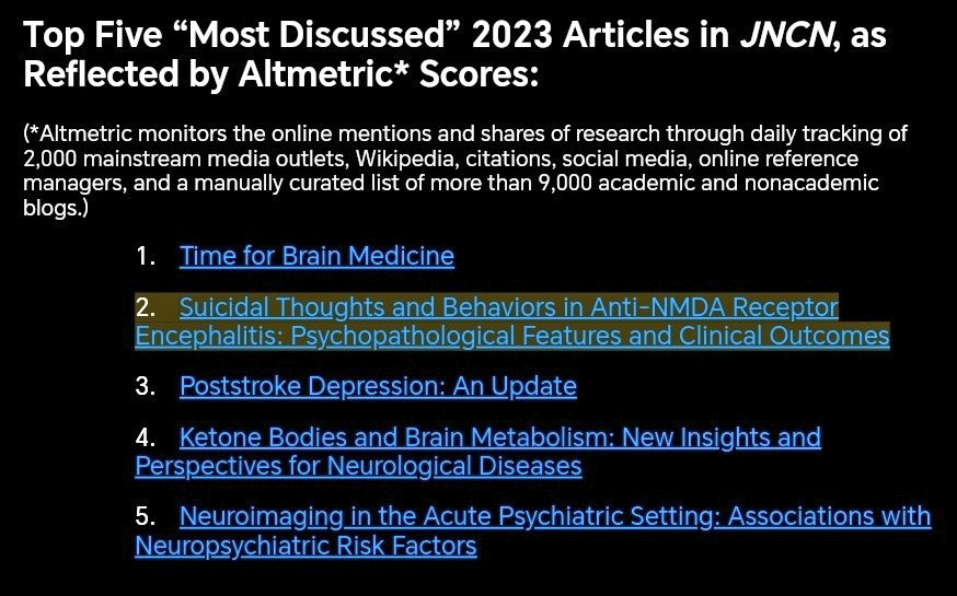 Our paper on suicidal thoughts & behaviors in anti-NMDA receptor #encephalitis was among the top 5 most discussed articles in Journal of Neuropsychiatry & Clinical Neurosciences 🙌🏼 Thanks to Beto Tellez @MiguelR17645049 @tompollak @encephalitisava Francisco Martínez et al 😉