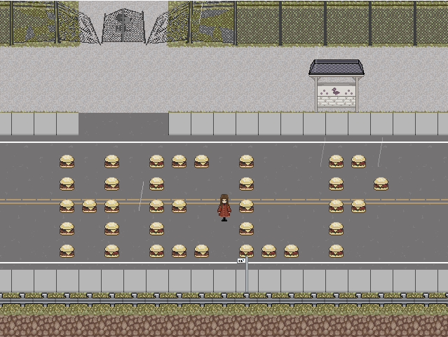 ZentientGames's tweet photo. I found this Fleshport screenshot (from 2018) where I was testing out the mechanics for laying food on the floor. 🍔 What silly things would you do with access to infinite burgers? 
#horror #indiegame #pixelart #RPGMaker #gamedevelopment #IndieGameDev https://t.co/pgOdSelLKw