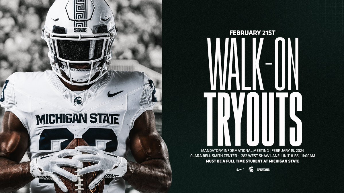 WALK-ON TRYOUTS 🔜 Info meeting — - Thursday, Feb 15 @ 11am - Must be a full-time MSU student