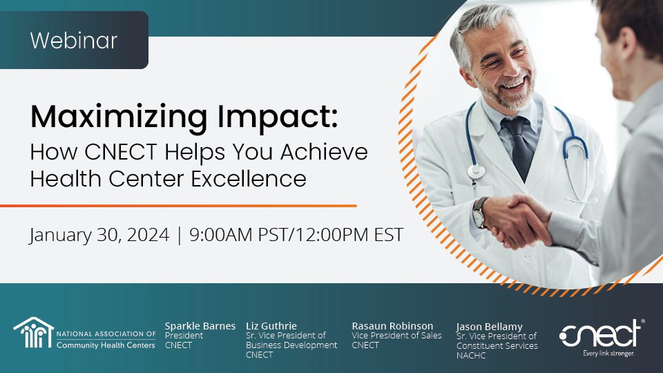 Reminder to join our upcoming webinar where you can: ➡️ Discover the power of CNECT. ➡️ Learn about the impactful partnership with NACHC. ➡️ Find new ways to elevate your health center's success. Register here: hubs.ly/Q02hCX9z0 #RegisterNow #HealthCenterSuccess