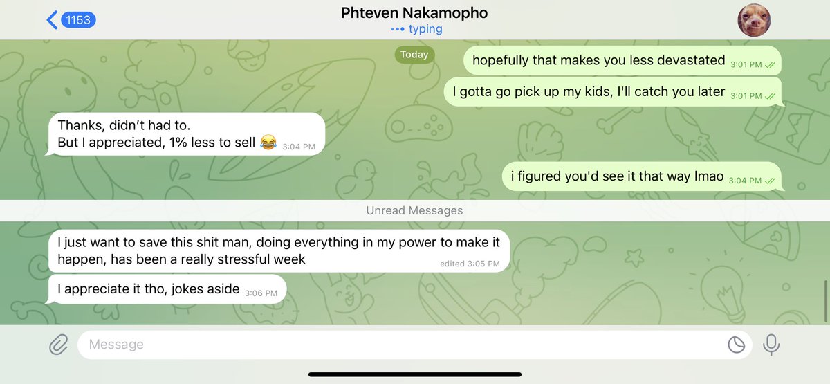 I had a good chat with the dev behind <a href="/phtevencoin/">Phtevencoin</a> and sent him a chunk of tokens. He’s invested pretty much everything into $PHTEVE and having a rough go of it. He didn’t ask for it but I knew it would help lift his spirits.

Founder struggles are real regardless if it’s a dApp,