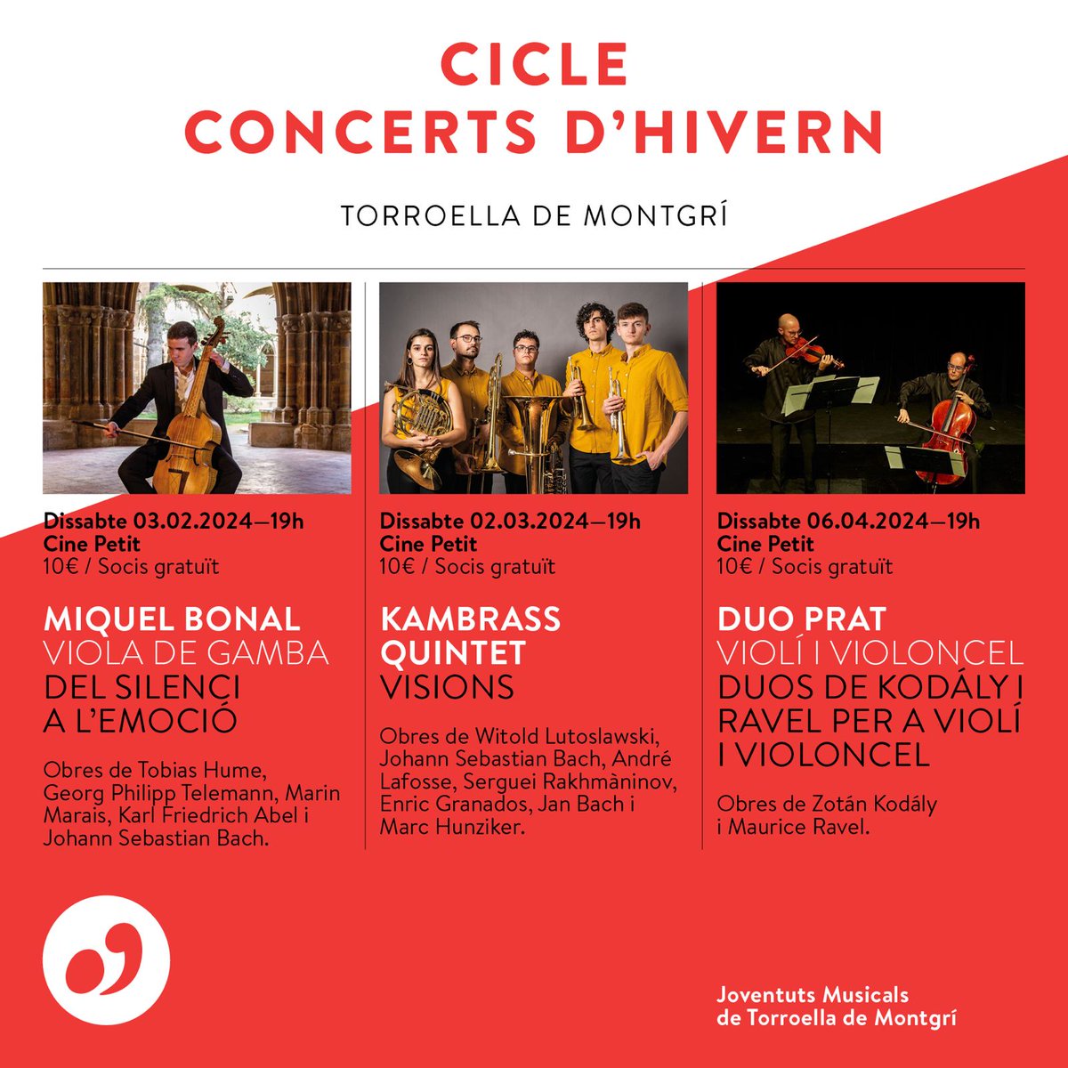 Dissabte 3 de febrer el violagambista Miguel Bonal obre el cicle de concerts d'hivern que organitza Joventuts Musicals de Torroella de Montgrí. 3 concerts fins al 6 d'abril al Cine Petit de Torroella 🎶
🎟️10€. Socis de Joventuts Musicals de Torroella, entrada gratuïta