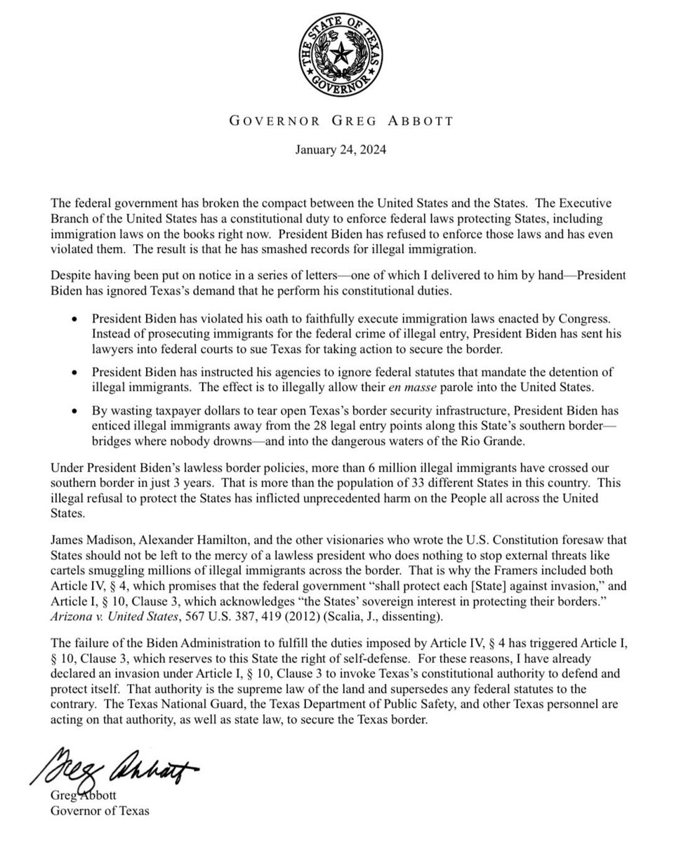 🚨 #BREAKING: Gov. Greg Abbott has just released a statement telling Joe Biden that he has VIOLATED HIS OATH by allowing an invasion

"James Madison, Alexander Hamilton, and the other visionaries who wrote the U.S. Constitution foresaw that States should not be left to the mercy