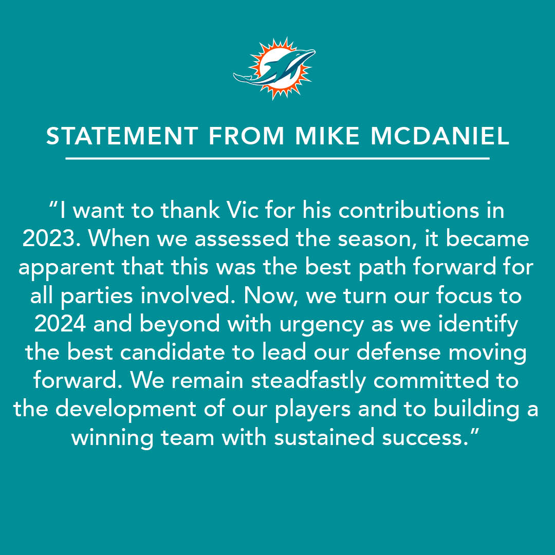 The Dolphins and DC Vic Fangio have mutually agreed to part ways.