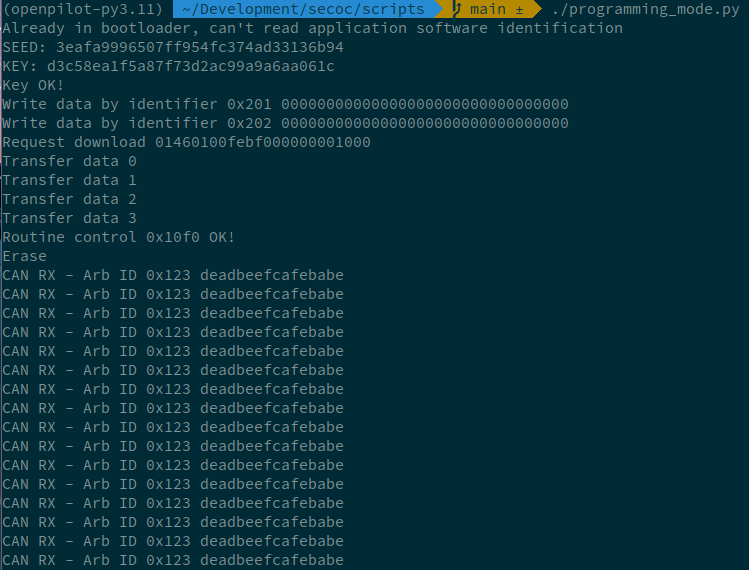 PD0WM's tweet photo. We got code execution in the bootloader over CAN! Still a few issues to work out though, the main application stops working after a few seconds now.

EPS part # is 89650-42370, whole steering rack is 44250-42310. 2021+ Rav4 Prime. https://t.co/qh0Kpkpe1E