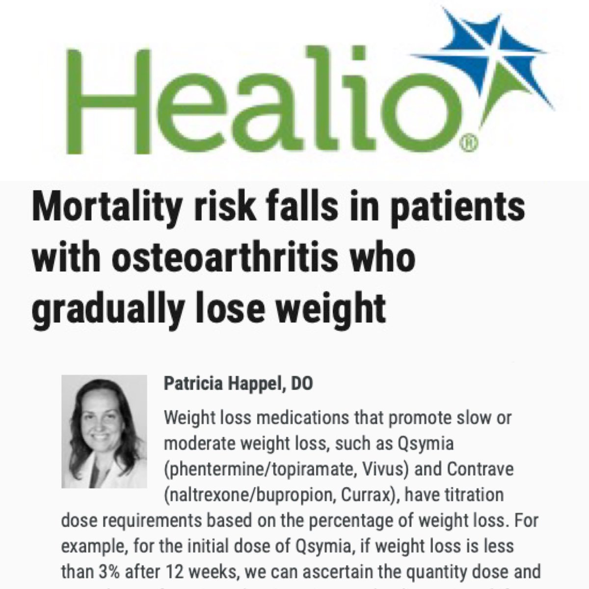 NYITCOMDO's tweet photo. 🌟 Exciting News! 🌟 Dr. Patricia Happel, NYITCOM Associate Professor, was featured in an article on Healio News titled, “Mortality risk falls in patients with osteoarthritis who gradually lose weight.

Check it out here https://t.co/QzUCZRmxN9📚🩺

#nyitcom https://t.co/w34w0Hu286