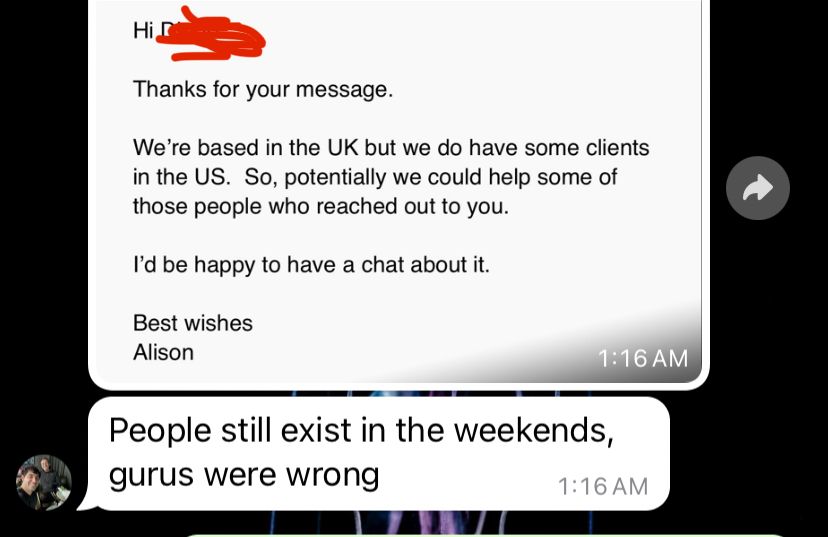 growfastr's tweet photo. You’ve been fed lies by gurus.

“Don’t send on the weekends”

- Broke scammer guru whose students are poor

FALSE.

My students are booking calls by the MINUTE.

New years eve. Sunday. Christmas.

The myths you’ve been told are flat-out stupid.

See, cold outreach is all about taking a different approach.

If 99% of lead gen newbies aren’t winning…

You have to do the opposite.

What’s the average cold outreacher missing?

VOLUME.

It’s a simple concept.

Mass volume = Massive results.

But it’s not easy. You need the right steps and the right teacher.

What if I told you that I helped students make $2k/day with lead generation...

Serious about generating big money through cold email?

DM me NOW.

Hit me up and I’ll see what I can do.