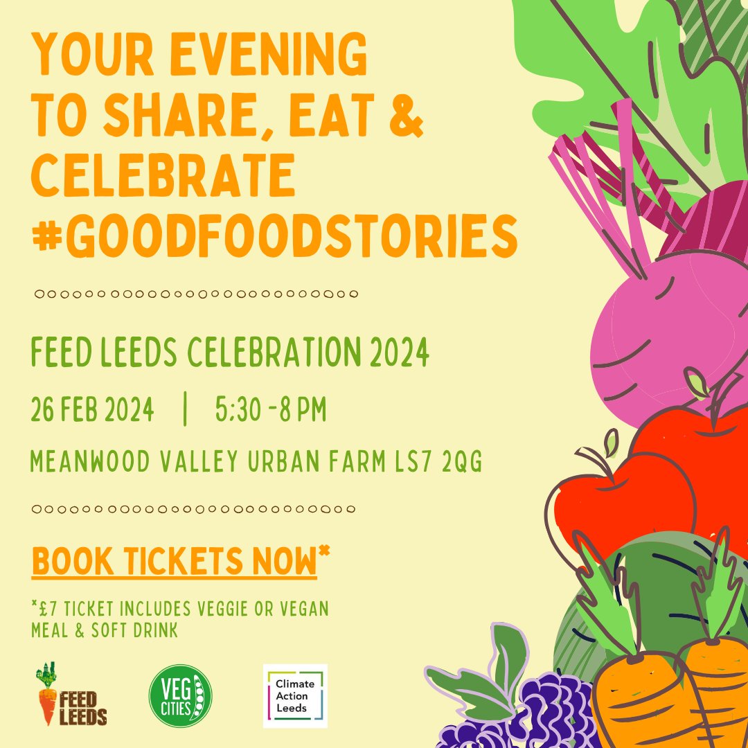 Join us for the annual #FeedLeeds Celebration Mon 26 Feb @MeanwoodFarm to hear from amazing food growing projects across Leeds & to share a delicious meal. Book your ticket👉 tinyurl.com/bdh2kpj2 Winners of Feed Leeds Food Growing Awards will be announced! 🥕🫛🍎