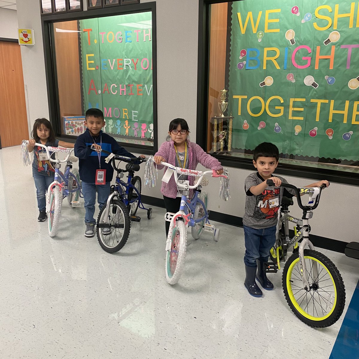 Congratulations to our First Semester Perfect Attendance Winners! They are riding in style. A special shout to our amazing PTO for donating the four bicycles. @AldineISD @Primary_AISD #KeepShiningGL