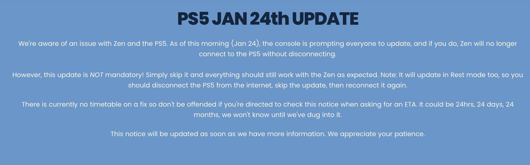 NBA 2K24 Community on X: 🚨 BREAKING 🚨 🟡 Official: No more Zens for  PlayStation users. 👉 The today's PS5 Update has disabled Cronus on the  console.  / X