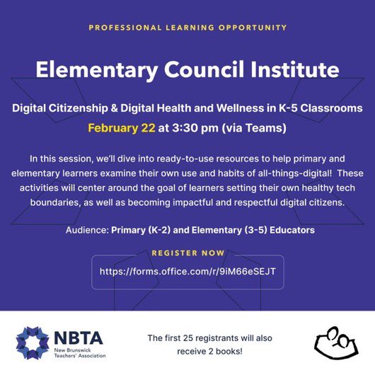 Elementary Council is hosting two more institutes! 🎉

Feb. 22: Citizenship &amp; Digital Health and Wellness in K-5 Classrooms forms.office.com/r/9iM66eSEJT 

Mar. 14: Critical Inquiry and Meaning Making &amp; Communications and Collaboration in K-5 classrooms forms.office.com/r/4SKcHkPqgg