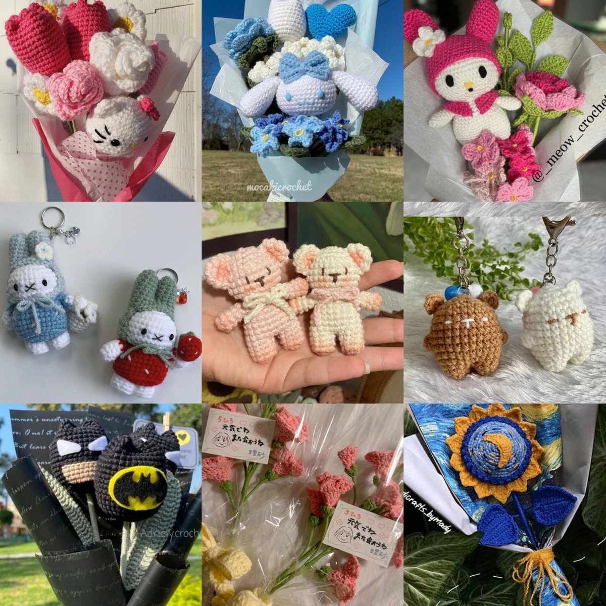 voy a estar tejiendo ramitos, llaveritos matching,amigurumis para el 14,esta es una inspo de lo que pueden encargarme y yo encantada, me puede hacer cotizaciones por acá o por mi ig@ppla_____🩷🌸💘rt plss