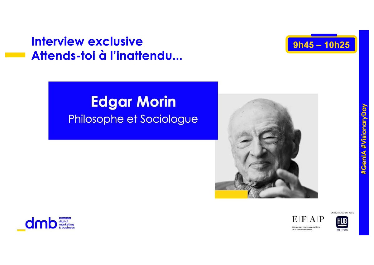 Nestor (@wearenestor_fr) on Twitter photo #VisionaryDay #GenIA
L'Interview exclusive d'<a href="/edgarmorinparis/">Edgar Morin</a> (Philosophe et Psychologue) commence 🤗
👉Suivez notre live tweet pour ne rien louper
#MBADMB #IntelligenceArtificielle #IA #AI #Nestor #VisionaryDay #GenIA
L'Interview exclusive d'<a href="/edgarmorinparis/">Edgar Morin</a> (Philosophe et Psychologue) commence 🤗
👉Suivez notre live tweet pour ne rien louper
#MBADMB #IntelligenceArtificielle #IA #AI #Nestor