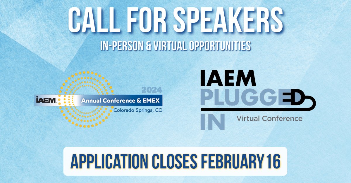 Interested in speaking at IAEM conferences? The #IAEM Call for Speakers is open. Submit a proposal by Feb. 16. Learn more at iaem.org/Call-for-Speak….

<a href="/iaem/">IAEM</a>