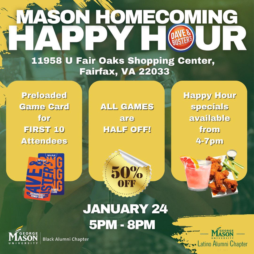 GMUBAC's tweet photo. HAPPY HOMECOMING💚💛 Check out these alumni-led events happening this weekend celebrating Mason’s 2024 Homecoming🎉.

Check out our IG for more details on each of these events!😎

#GMUBAC #MasonHomecoming2024 https://t.co/9UI2U9jhH8