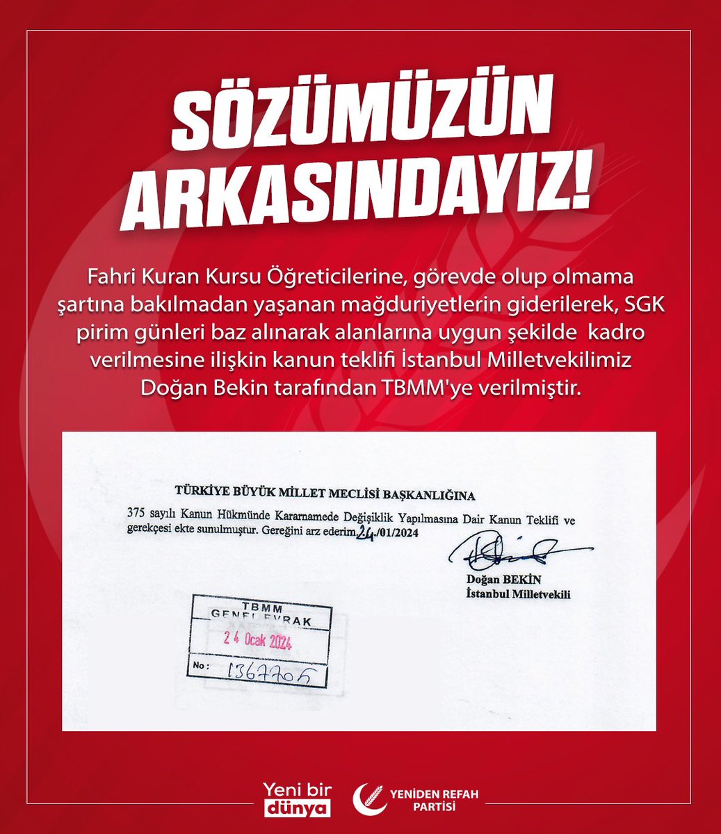 SÖZÜMÜZÜN ARKASINDAYIZ! 

Fahri Kuran Kursu Öğreticilerine, görevde olup olmama şartına bakılmadan yaşanan mağduriyetlerin giderilerek, SGK pirim günleri baz alınarak alanlarına uygun şekilde  kadro verilmesine ilişkin kanun teklifi İstanbul Milletvekilimiz Doğan Bekin tarafından