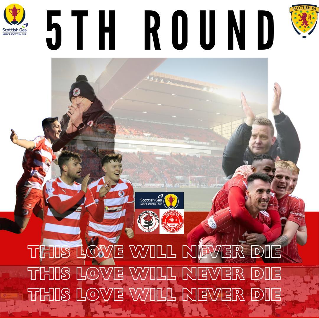 BonnyriggRose's tweet image. 🏆Saturday 10th February 3pm Kick Off🏆
⚽Aberdeen v Bonnyrigg Rose
🎟Ticket Only Game, details and ticket prices TBC
🚨Stayed tuned for further details
#COTR #ScottishCup #5thRound