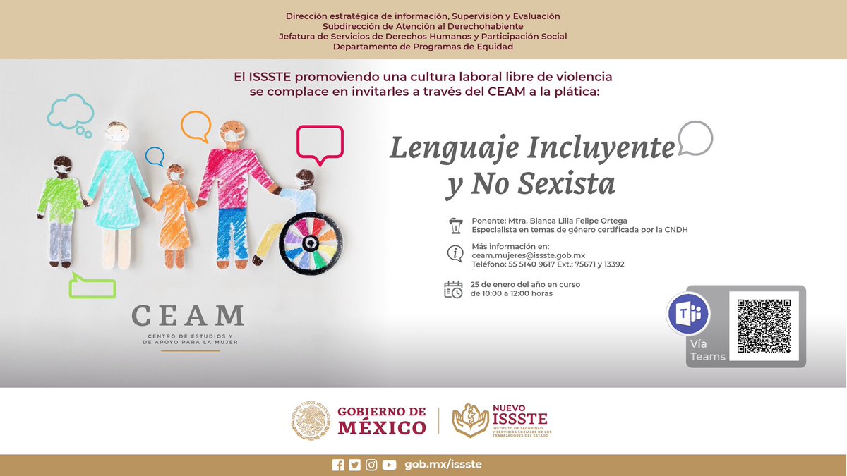 IsssteQueretaro's tweet photo. “Lenguaje Incluyente y no Sexista” Mañana 25 de enero 10:00 a 12:00 hrs, por Teams
Mtra. Blanca Liliana Felipe Ortega, especialista en temas de Género por la CNDH.
Estamos a sus órdenes en el número de extensión 50373
#EstamosTransformandoAlIssste #Inclusión #LenguajeIncluyente https://t.co/kpQU4Fpb3R