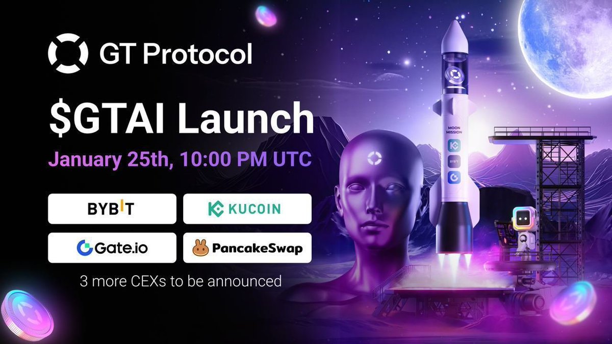 🔥GT-Protocol - $GTAI Token Listed 🗓️ Jan25th, 10am UTC 🔒 Certik’s audit ✨ Listed on 7 exchanges: @KuCoincom @Bybit_Official @Gate_io @PancakeSwap ⚡️ 3 more to be announced! Pair: GTAI/USDT Contract (BSC): 0x003d87d02A2A01E9E8a20f507C83E15DD83A33d1