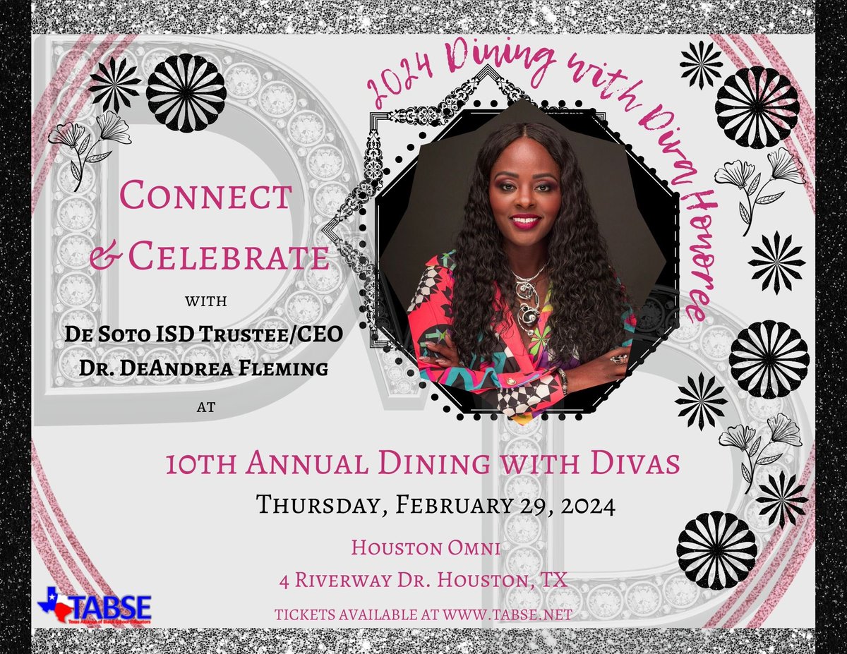 Dining with Divas “Diamond Spotlight” shines brightly on Dr. DeAndrea Fleming! Help us congratulate DeAndrea for all her good works! Join us at the 39th Annual @TABSE_Texas Conference to celebrate her. #DWD2024