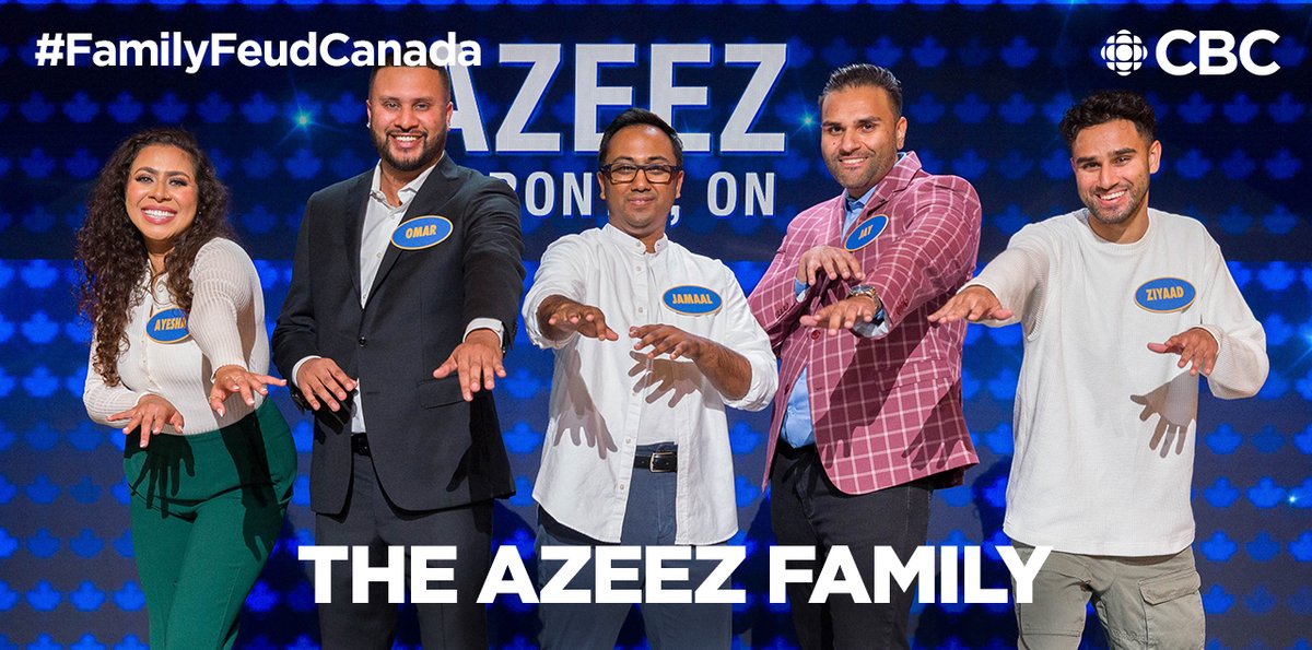 FamilyFeudCa's tweet photo. Tonight on a NEW EPISODE of Family Feud Canada, the Azeez family returns to face the Rae family

📺 Watch Family Feud Canada every Mon-Thurs 7:30 (8NT) on CBC, hosted by Gerry Dee. https://t.co/0cpKfcTDCW
