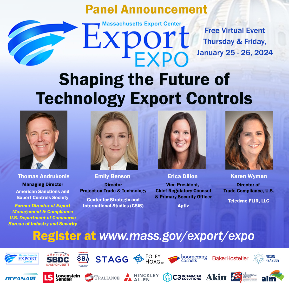 We are excited to announce the panelists for Shaping the Future of Technology Export Controls at this week’s #ExportExpo!
Learn More at mass.gov/export/expo/