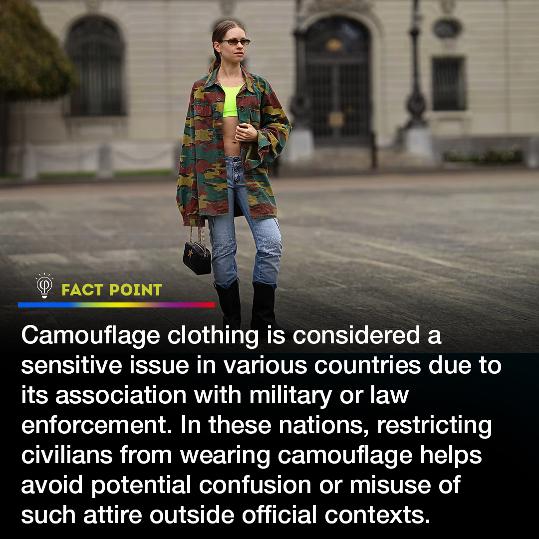 'Did you know? Camouflage clothing is off-limits for civilians in several countries, a measure aimed at preventing confusion or misuse. Explore the interesting reasons behind this unique fashion restriction! 🌐👀 #Camouflage #FashionFacts #DidYouKnow'