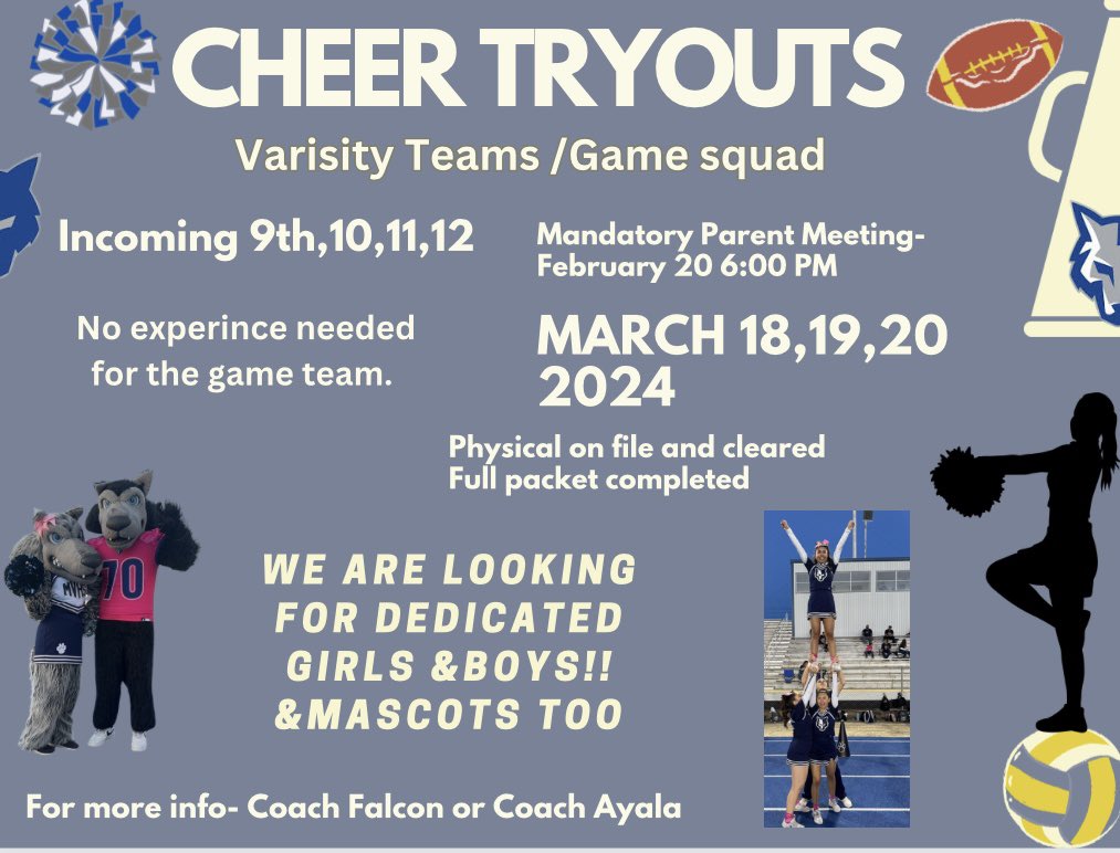 MOUNTAIN VIEW HS CHEER TEAM (@viewcheer) on Twitter photo It’s tryout szn!!!! We are looking for students to grow our game day team!!!! Stop by for your tryout packet (NO EXPERIENCE NEEDED FOR THE GAME TEAM) #wolfpack #cheerlife <a href="/Cynthia34275842/">Cynthia Falcon</a> <a href="/MsAyala8/">Ms.Ayala Prep Pep &Learn</a> It’s tryout szn!!!! We are looking for students to grow our game day team!!!! Stop by for your tryout packet (NO EXPERIENCE NEEDED FOR THE GAME TEAM) #wolfpack #cheerlife <a href="/Cynthia34275842/">Cynthia Falcon</a> <a href="/MsAyala8/">Ms.Ayala Prep Pep &Learn</a>