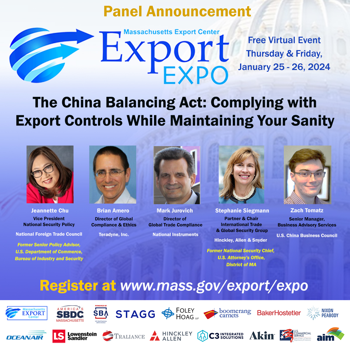 We are delighted to announce the panelists for The China Balancing Act: Complying with Export Controls While Maintaining Your Sanity at this week’s #ExportExpo! Learn More at mass.gov/export/expo/