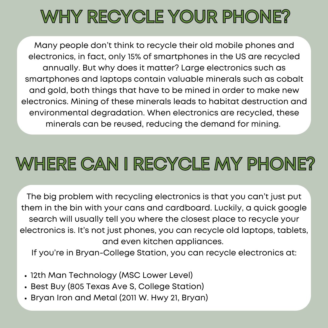 Hey Aggies, do you have an old phone sitting around the house? Well, today is the day to recycle it! Look through the post to see where to drop off your phone to be recycled!

#Recycle #Sustainability #ReduceReuseRecycle #Recyclingmatters