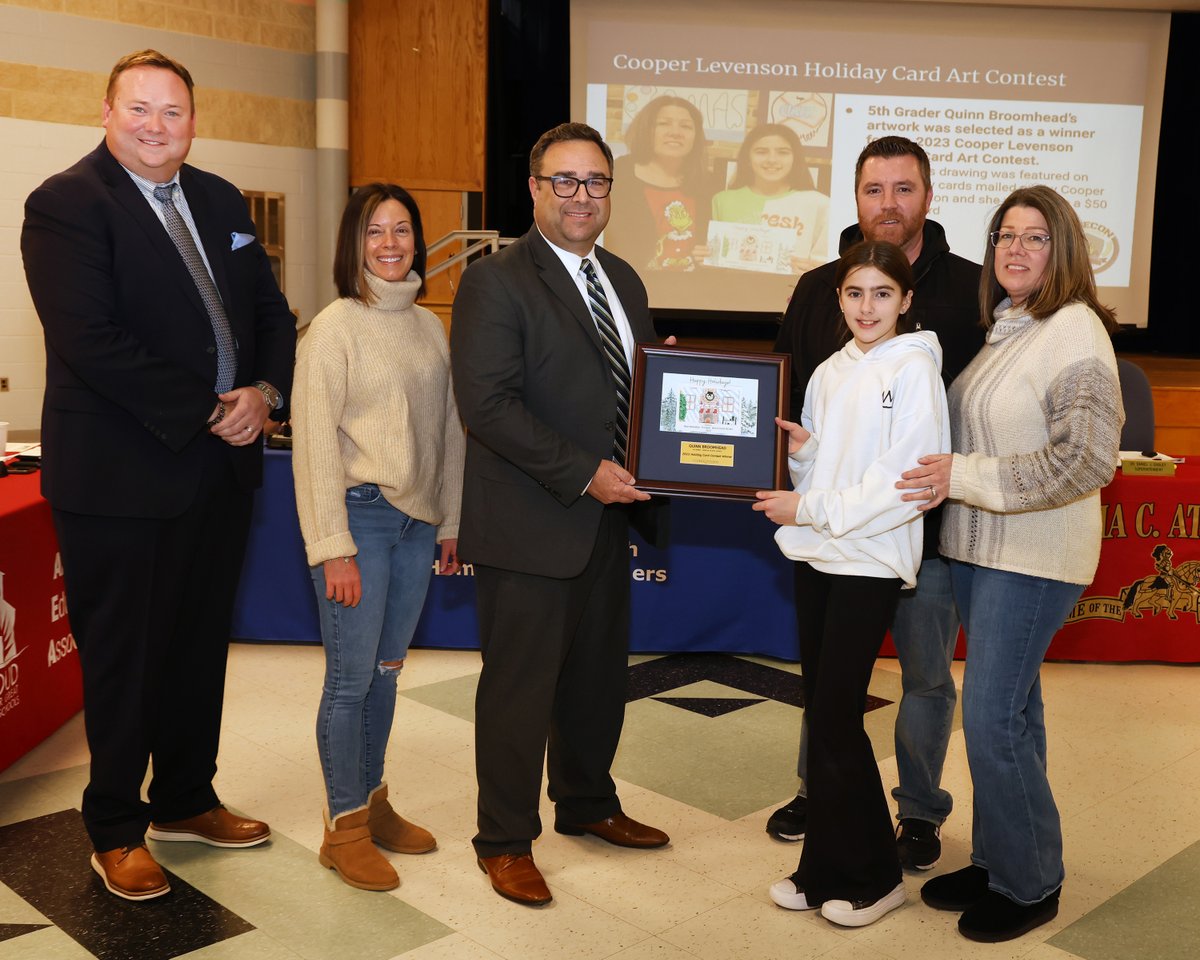 Scenes from the #Absecon Public Schools Board meeting last evening. Our partner Victor P. Wasilauskas III presented 5th grade student Quinn Broomhead with a plaque and a $50 gift card for her winning entry in the firm's holiday art contest. #artinschools #CelebrateTheArts