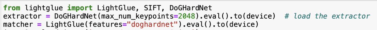 Kudos to @PhilippCSE and @pesarlin for adding DoGHardNet model to official LightGlue trained by @kornia_foss team. That is a significant upgrade, if you have to use DoG(SIFT) detector. As simple as matcher = LightGlue(features='doghardnet').eval()