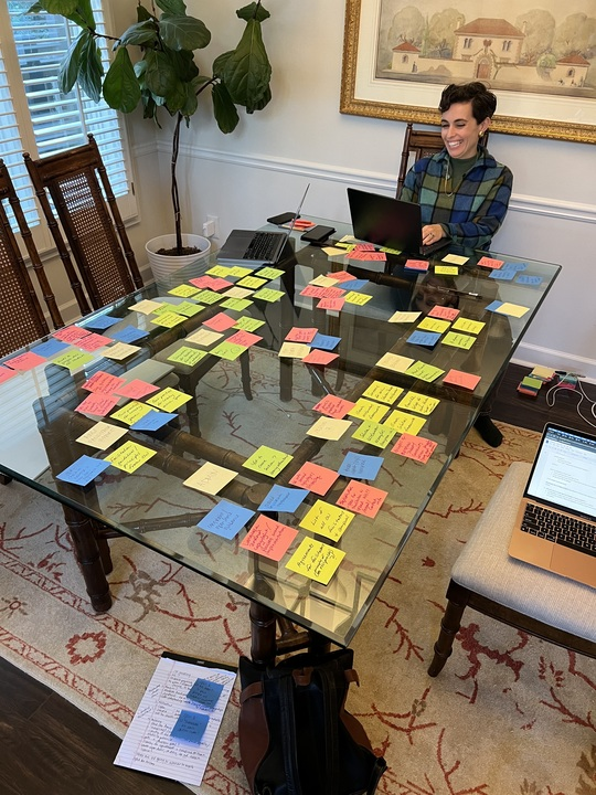 We’re beginning a big build of our Climate Wayfinding Toolbox for Facilitators — a rich digital hub with all the content and materials needed to deliver the program. Here’s a picture from our most recent offsite, featuring our teammate Alex. Sticky notes galore! ✨.