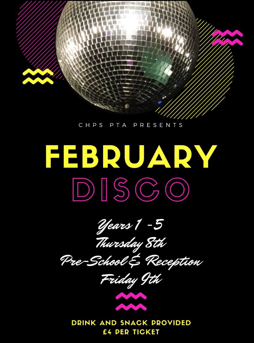 Tickets for this terms disco are now on sale here: pta-events.co.uk/chpspta 

- Years 1 &amp; 2 at 3.15-4.10pm on Thursday 8th February
- Years 3, 4 &amp; 5 at 4.15 - 5.10pm on Thursday 8th February 
- Pre school and Reception in school time on Friday 9th February 

🪩🕺🏽💃🏽