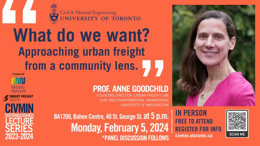 Febuary 5th: Dr. Anne Goodchild presents 'What do we want? Approaching urban freight from a community lens'. More information can be found at the link attached: mobilitynetwork.utoronto.ca/event/dr-anne-…