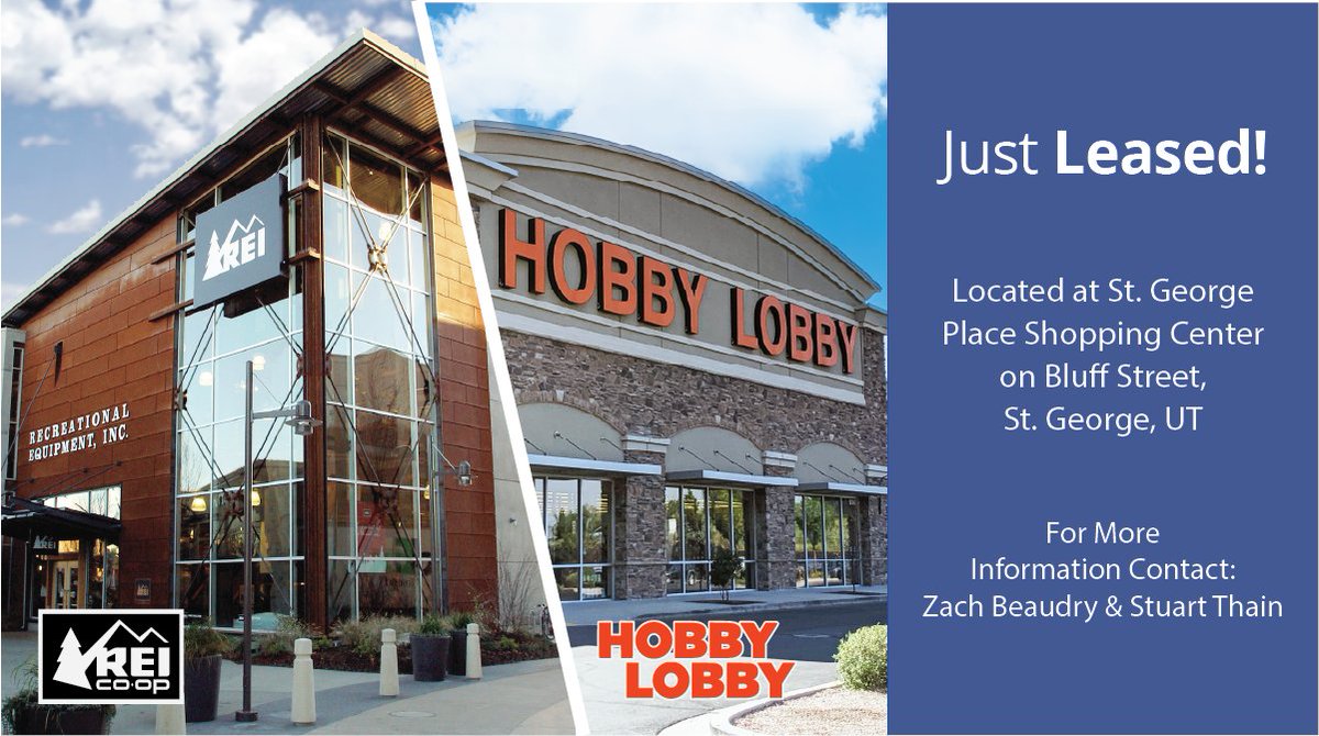 Big News! 🎉 St. George Place Shopping Center on Bluff Street welcomes REI with a 22,800 SF, 10-year lease, and St. George’s first-ever Hobby Lobby with a 50,500 SF, 10-year lease. Exciting times for St. George, UT! #RetailExpansion #StGeorgePlace