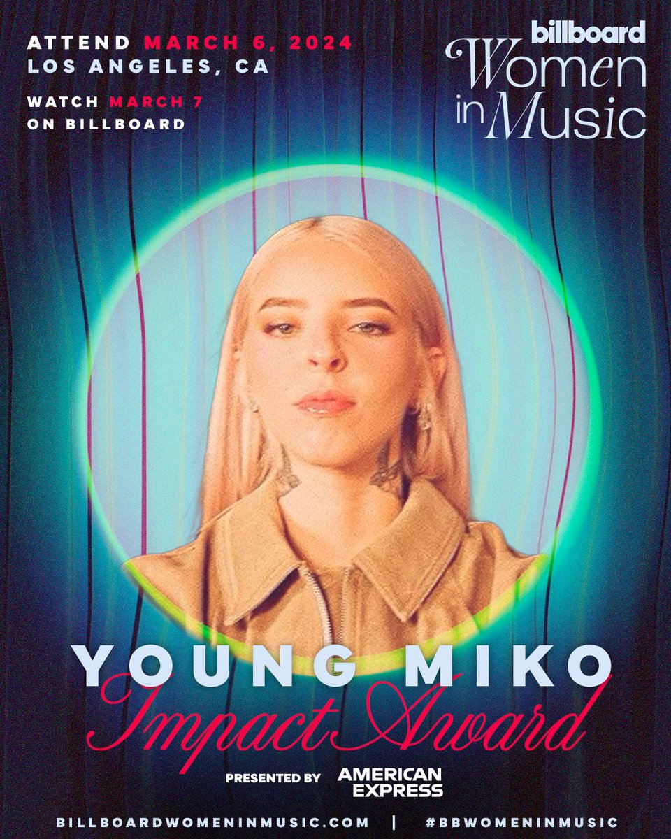 billboardlatin's tweet photo. .@itsyoungmiko will receive the IMPACT award, presented by @americanexpress, at #BBWomenInMusic  #partner

Early access to tickets is available now for @americanexpress Card Members.   Terms apply. Supply is limited. https://t.co/GxmLyz9aze

Public on-sale starts January 27

Unable to attend March 6? Watch Billboard Women in Music on March 7 at https://t.co/IcuVA14yVv