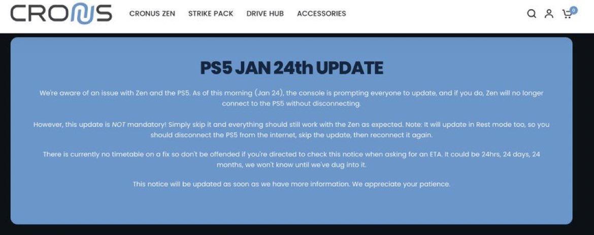 NBA 2K24 Community on X: 🚨 BREAKING 🚨 🟡 Official: No more Zens for  PlayStation users. 👉 The today's PS5 Update has disabled Cronus on the  console.  / X