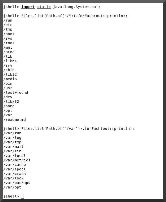 jgrateron's tweet photo. Mi comando favorito del mes, #jshell #java 
Permite ejecutar código java sin necesidad de compilar y/o usar un IDE.

Además hice un alias para incorporar la biblioteca printing.

alias jshell='jshell -startup DEFAULT -startup PRINTING' https://t.co/l1CAwJSSoK