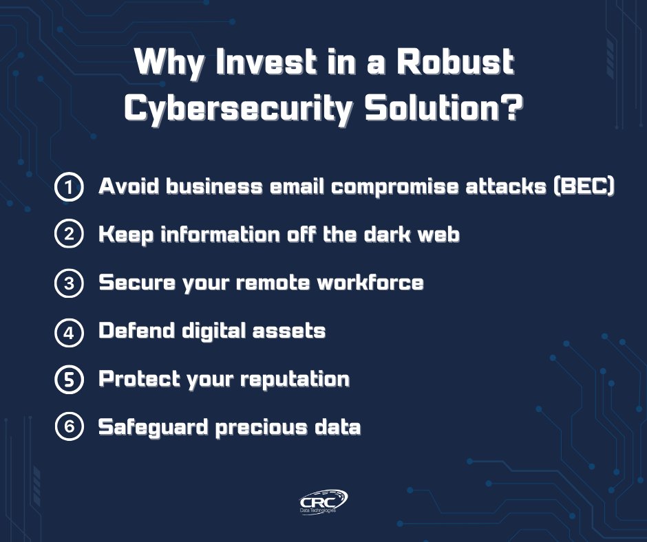 crcdatatech's tweet image. It&apos;s important to invest in a robust cybersecurity solution to ensure that your business is protected against cybercrime, data loss or theft, and more.

Visit our website to learn more about CRC Data Technologies and how we can service you!
crcdatatech.com

#CyberSecurity