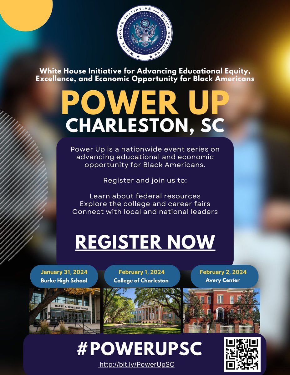 Exciting news🎉 Join us in Charleston, SC for Power Up - a summit advancing educational & economic opportunities for Black Americans. Explore a college & career fair, learn about federal resources, & connect with inspiring leaders.Register now web.cvent.com/event/f837d12c… #PowerUpSC
