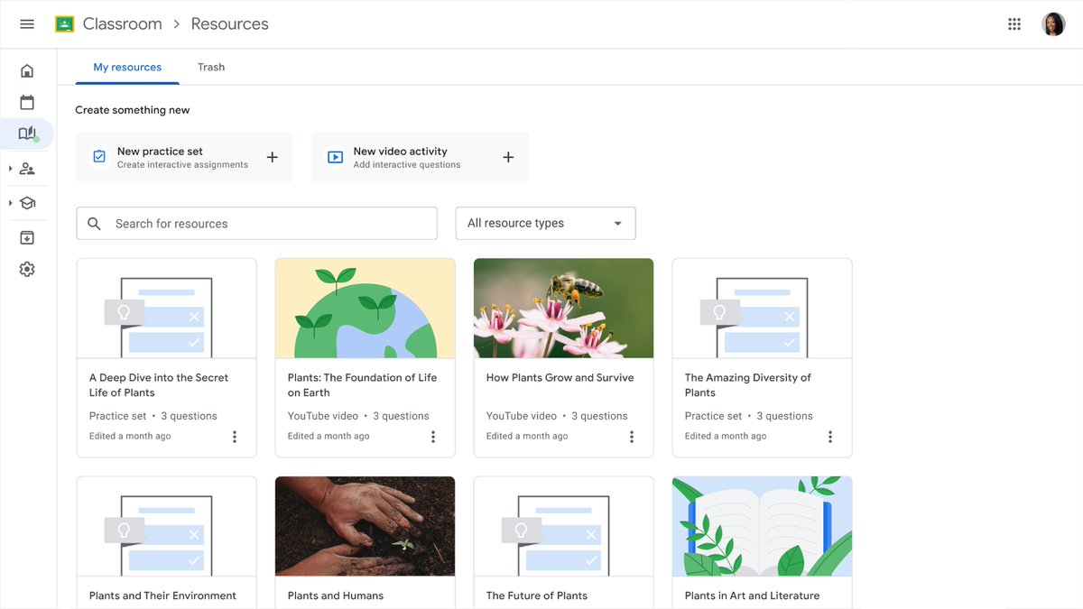 Have you spotted anything new recently in #GoogleClassroom? 👀 Thanks to your feedback, we've launched a 'Resources' tab where you can easily create, manage, and share practice sets and video activities to save time on lesson planning 🙌.