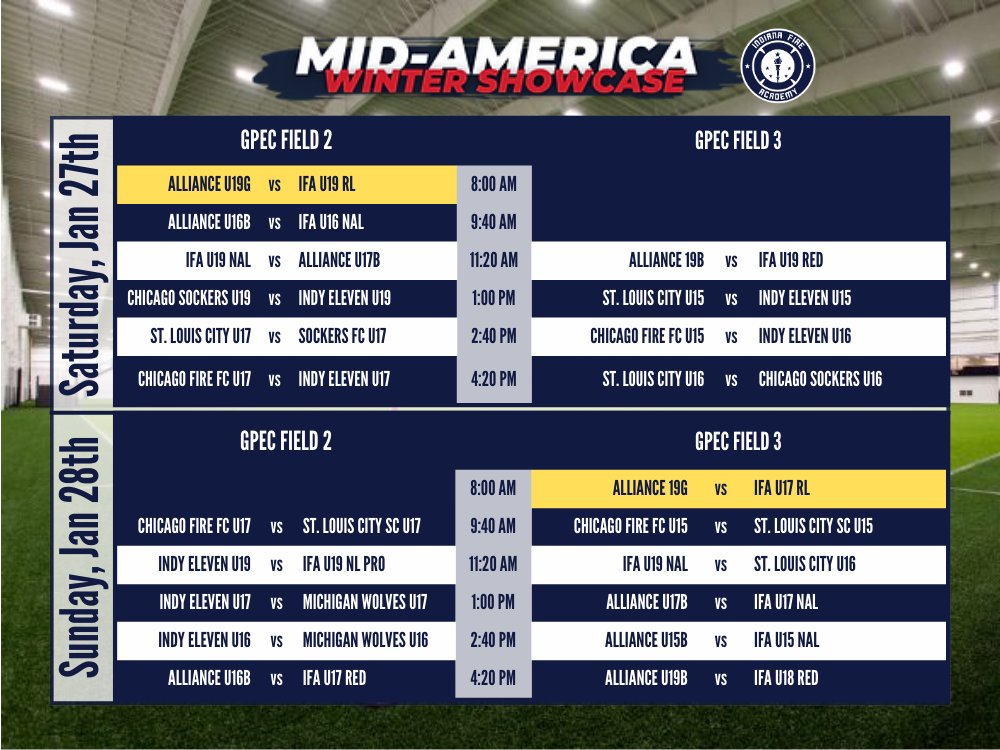 Indiana Fire Academy is excited to host teams from MLS Next, ECNL, NAL and USYS National League this weekend at the Mid-America Showcase.  All matches hosted at @grandparksports Event Center.

#RecruitableAthletes #FireFamily #Development #CollegeShowcase #PathwaytoCollege