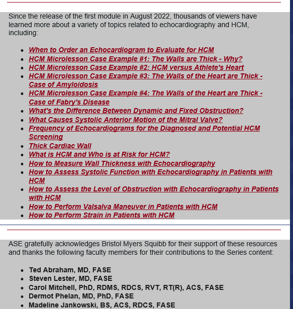 Interested in #HCM? Take advantage of @ASE360's free Microlessons in #Echocardiography and Hypertrophic Cardiomyopathy. View the 15 short lessons on the ASE YouTube channel at bit.ly/48ODnpE ASE's HCM home page with more resources: asecho.org/hcm/ @tabrahammd