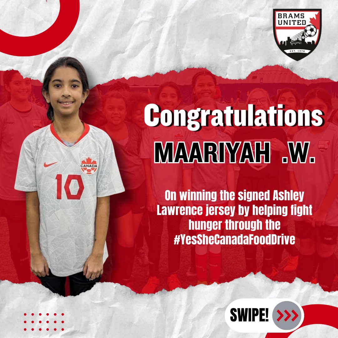 BramsUnited's tweet image. Big cheers to Maariyah W. from Brams U11 Rep for scoring big in the @YesSheCanada #HelpFightHunger initiative!🎉🏆
She&apos;s the proud winner of the signed @AshleyLawrence jersey through the #YesSheCanadaFoodDrive. 👏🇨🇦 
Join us in Congratulating Maariyah! 🙌⚽️