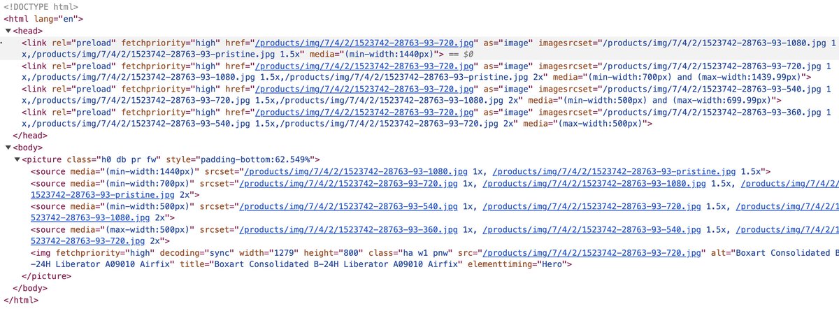 I remain stunned at the amount of markup needed for a (fast) responsive LCP image with a few breakpoints
🖼️ <picture>: 1065 bytes
🔗 <link rel=preload>: 1177 bytes

#100DaysOfPerf #webperf