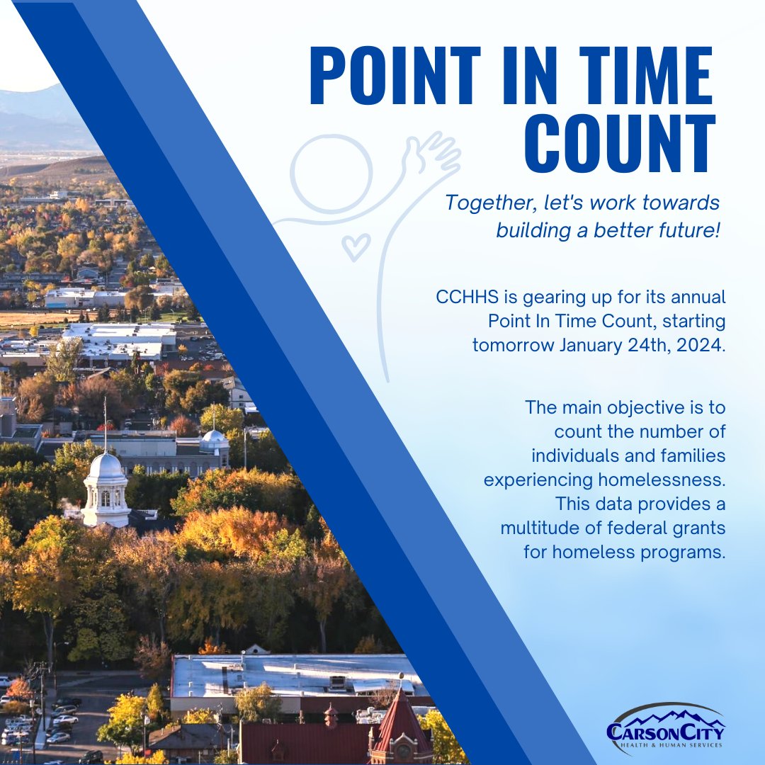 Carson City Health (@cchealthed) on Twitter photo Starting tomorrow, CCHHS will be gearing up for its annual Point In Time Count! The purpose of this is to gather data on the number of individuals experiencing homelessness. The given data will provide federal grants for homeless programs. Starting tomorrow, CCHHS will be gearing up for its annual Point In Time Count! The purpose of this is to gather data on the number of individuals experiencing homelessness. The given data will provide federal grants for homeless programs.