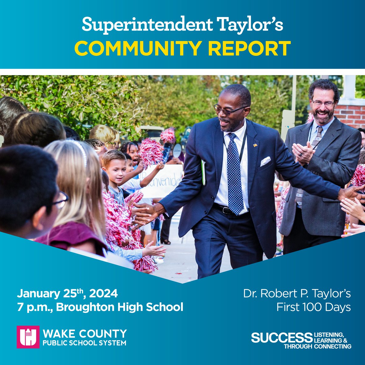 Who knew 100 days could pass so fast?! Tickets are still available for Superintendent Taylor's Community Report tomorrow, Jan. 25, at <a href="/NBroughtonHS/">Broughton Magnet HS</a>'s Holliday Gym.

Doors will open at 6:00 p.m., followed by Dr. Taylor's report at 7:00 p.m.

Learn more: wcpss.net/Page/57330