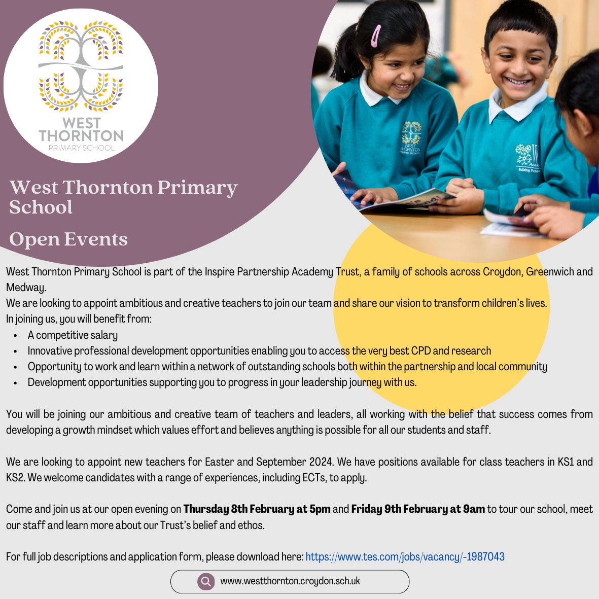 We are recruiting!
Join us for our open events on Thursday 8th February at 5pm and Friday 9th February at 9am… we are now recruiting for Easter and September 2024! 
Come and join the West Thornton team! 
<a href="/IPAT_Edu/">The Inspire Partnership</a>
